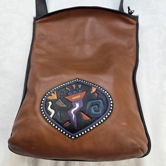 Vintage rustic town leather messenger shoulder bag with  Brown Leather Messenger Bag with Artistic Patch